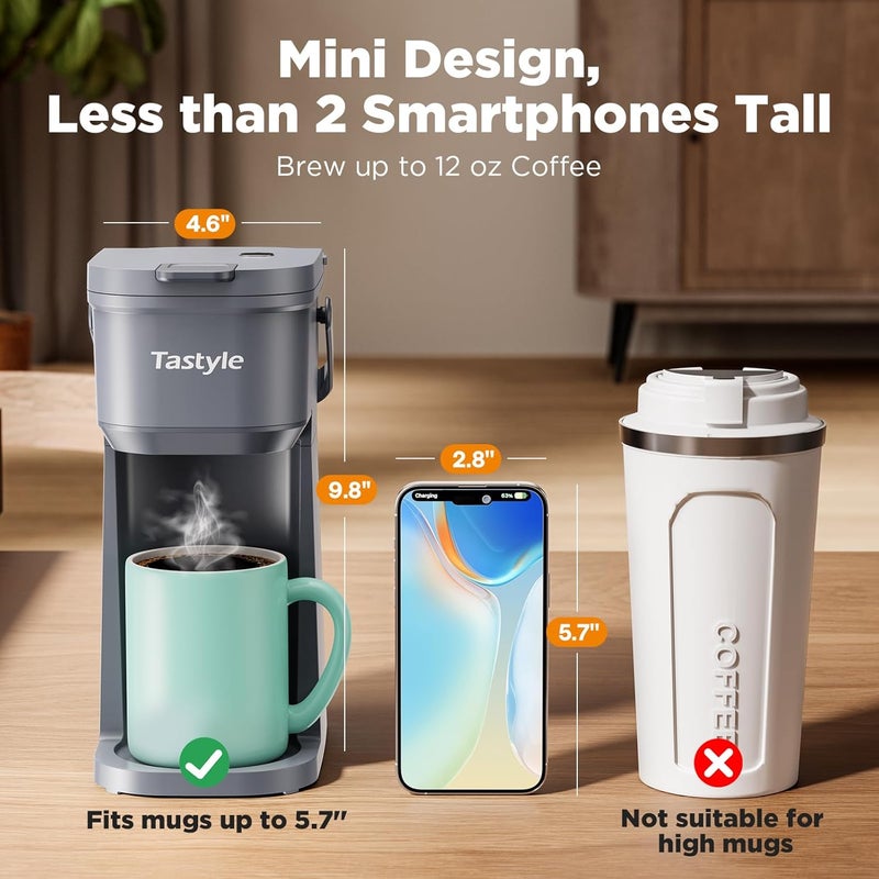Tastyle Single Serve One Cup Coffee Maker, for K Cups and Grounds, Mini Coffee Maker with Portable Handle, 6 to 12 Oz Brew Size, for Travel, Camping, Office, RV and Dorm, 120V, Cool Gray - Image 3
